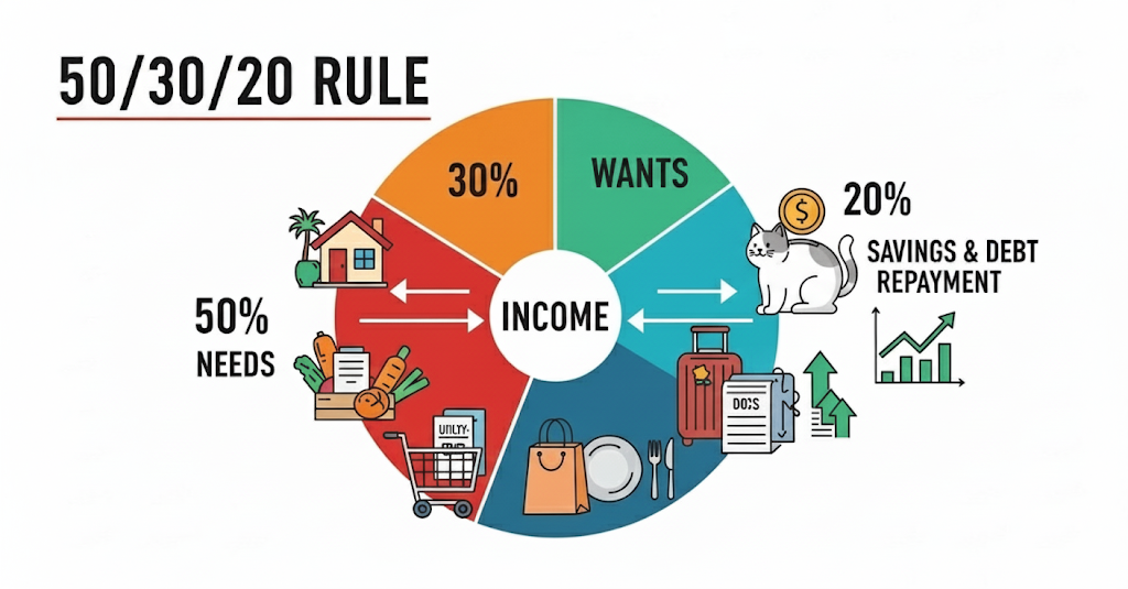 50/30/20 rule in finance infographic showing needs, wants, and savings