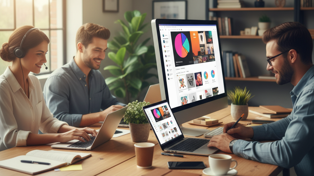 Three coworkers working at a wooden desk with laptops and a large monitor displaying design dashboards and charts, suggesting collaborative digital design and content creation in an office setting.