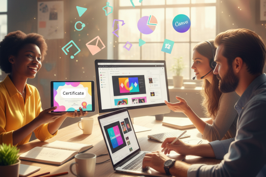 A small team collaborating at a desk with computers and a tablet displaying design work and a certificate, with Canva icons floating above, suggesting creative teamwork and graphic design using Canva.
